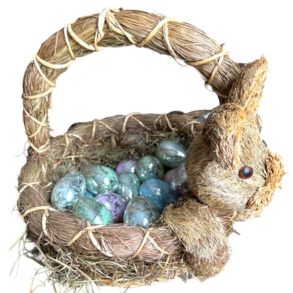💕 SOLD 💕 Extra Large Sisal EASTER BASKET Bunny Rabbit Metallic Eggs 15" L x 14 - Picture 2 of 12